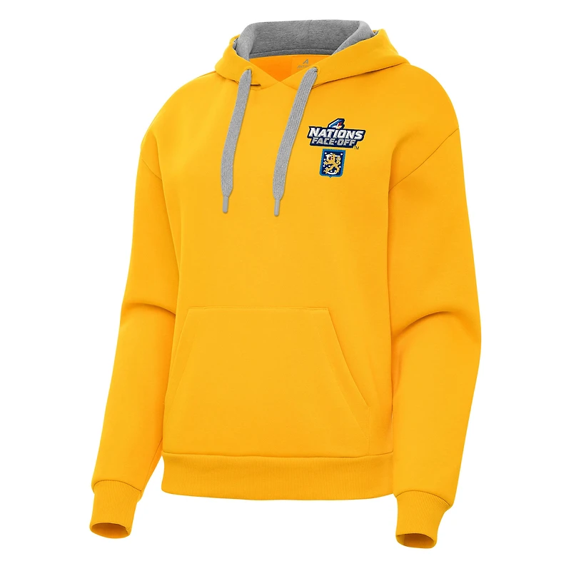 Women's Antigua Gold Finland Hockey 2025 4 Nations Face Off Victory Pullover Hoodie