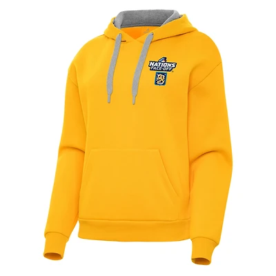 Women's Antigua Gold Finland Hockey 2025 4 Nations Face Off Victory Pullover Hoodie