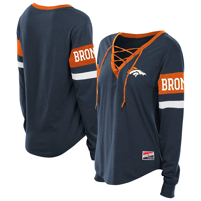 Women's New Era Navy Denver Broncos Plus Size Throwback Lace-Up Long Sleeve T-Shirt
