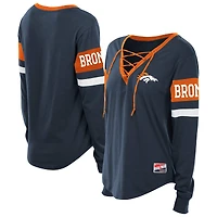 Women's New Era Navy Denver Broncos Plus Size Throwback Lace-Up Long Sleeve T-Shirt