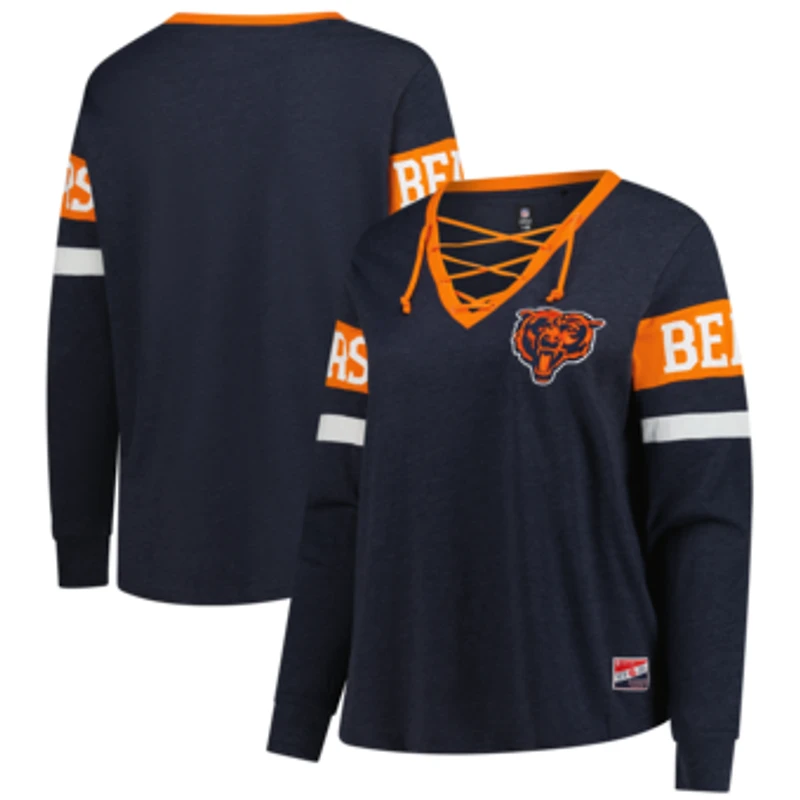 Women's New Era Navy Chicago Bears Plus Size Throwback Lace-Up Long Sleeve T-Shirt