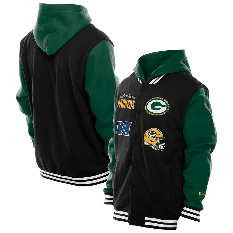 Men's New Era Black Green Bay Packers Full-Snap Fleece Hoodie Jacket