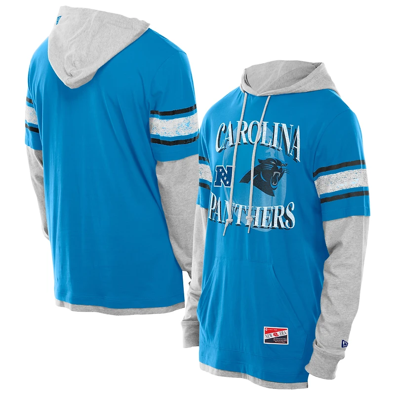 Men's New Era Blue Carolina Panthers Twofer Layered Long Sleeve Hoodie T-Shirt