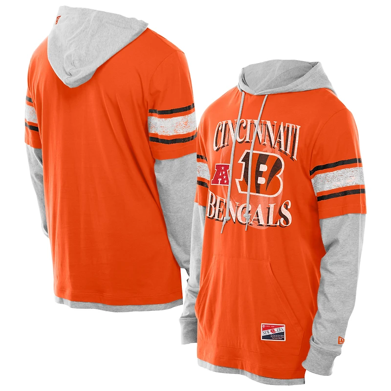 Men's New Era Orange Cincinnati Bengals Twofer Layered Long Sleeve Hoodie T-Shirt