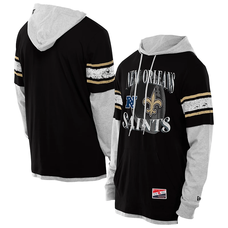 Men's New Era Black Orleans Saints Twofer Layered Long Sleeve Hoodie T-Shirt
