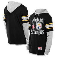 Men's New Era Black Pittsburgh Steelers Twofer Layered Long Sleeve Hoodie T-Shirt