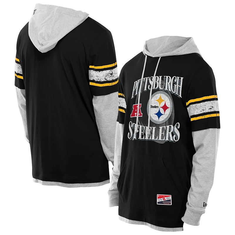 Men's New Era Black Pittsburgh Steelers Twofer Layered Long Sleeve Hoodie T-Shirt
