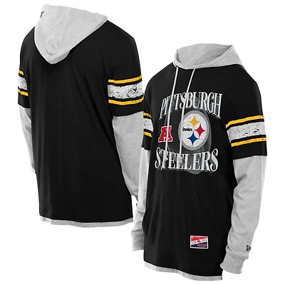 Men's New Era Black Pittsburgh Steelers Twofer Layered Long Sleeve Hoodie T-Shirt