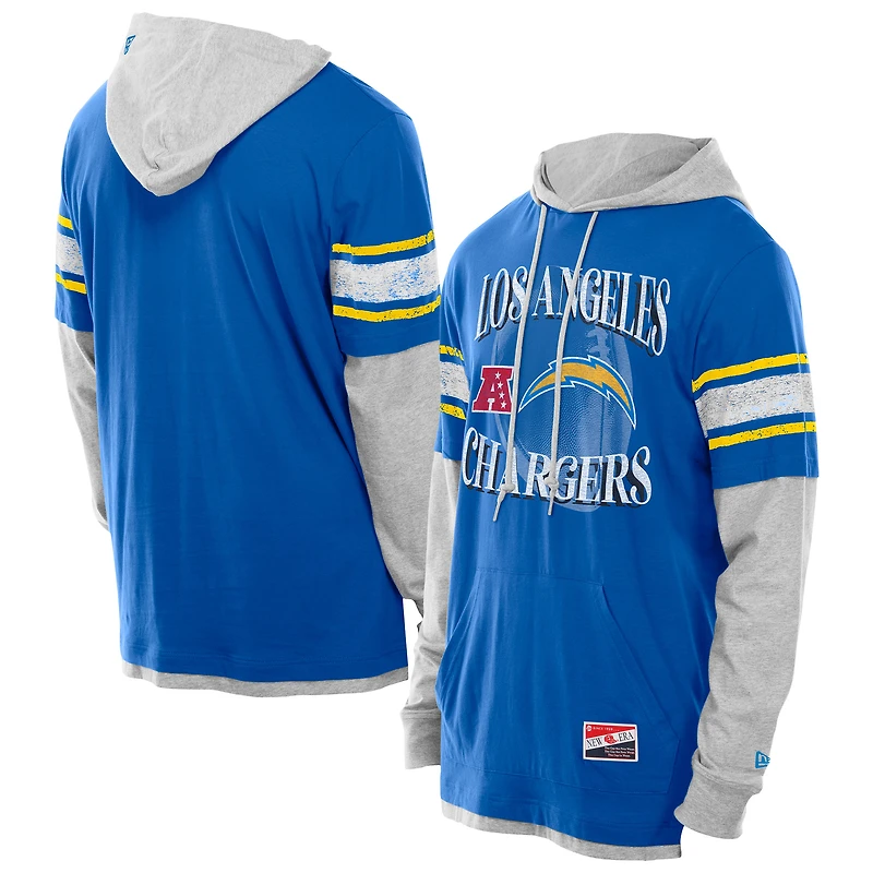 Men's New Era Powder Blue Los Angeles Chargers Twofer Layered Long Sleeve Hoodie T-Shirt