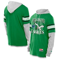 Men's New Era Kelly Green Philadelphia Eagles Twofer Layered Long Sleeve Hoodie T-Shirt