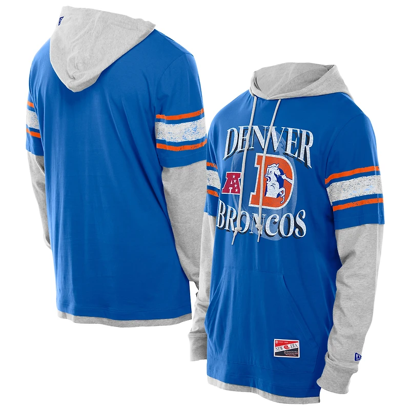 Men's New Era Royal Denver Broncos Twofer Layered Long Sleeve Hoodie T-Shirt