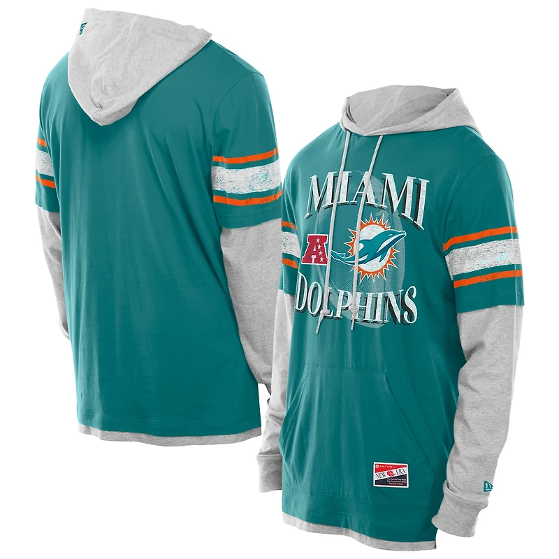 Men's New Era Aqua Miami Dolphins Twofer Layered Long Sleeve Hoodie T-Shirt