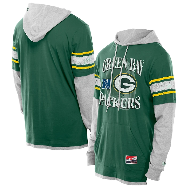 Men's New Era Green Bay Packers Twofer Layered Long Sleeve Hoodie T-Shirt