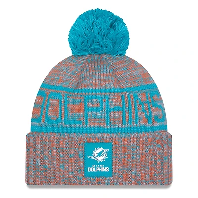 Men's New Era Orange Miami Dolphins 2025 Sideline Cold Weather Cuffed Knit Hat with Pom