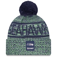 Men's New Era Neon Green Seattle Seahawks 2025 Sideline Cold Weather Cuffed Knit Hat with Pom