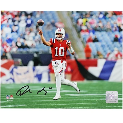 Drake Maye New England Patriots Autographed 8" x 10" Red Jersey Throwing Photograph
