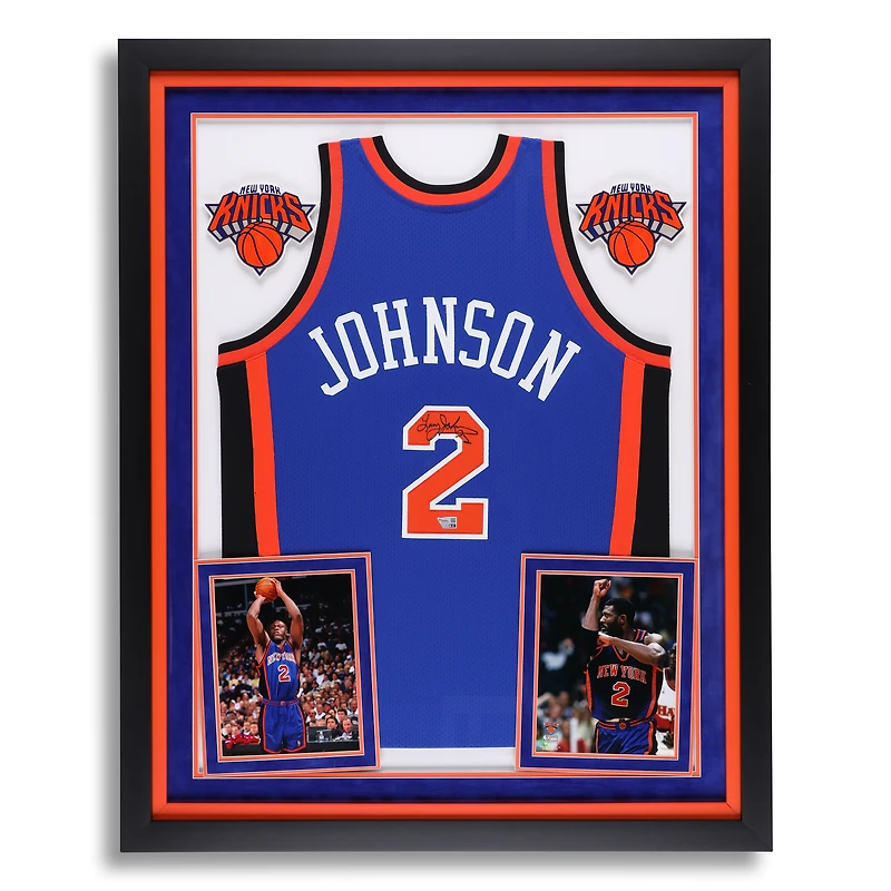 Larry Johnson New York Knicks Autographed Deluxe Framed Blue Mitchell & Ness 1988-99 Authentic Jersey