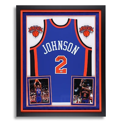 Larry Johnson New York Knicks Autographed Deluxe Framed Blue Mitchell & Ness 1988-99 Authentic Jersey