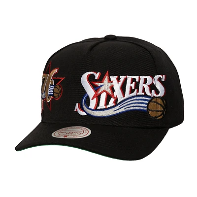 Men's Mitchell & Ness  Black Philadelphia 76ers Busted Logo Wordmark Wrap-Around Pro Pinch Adjustable Hat