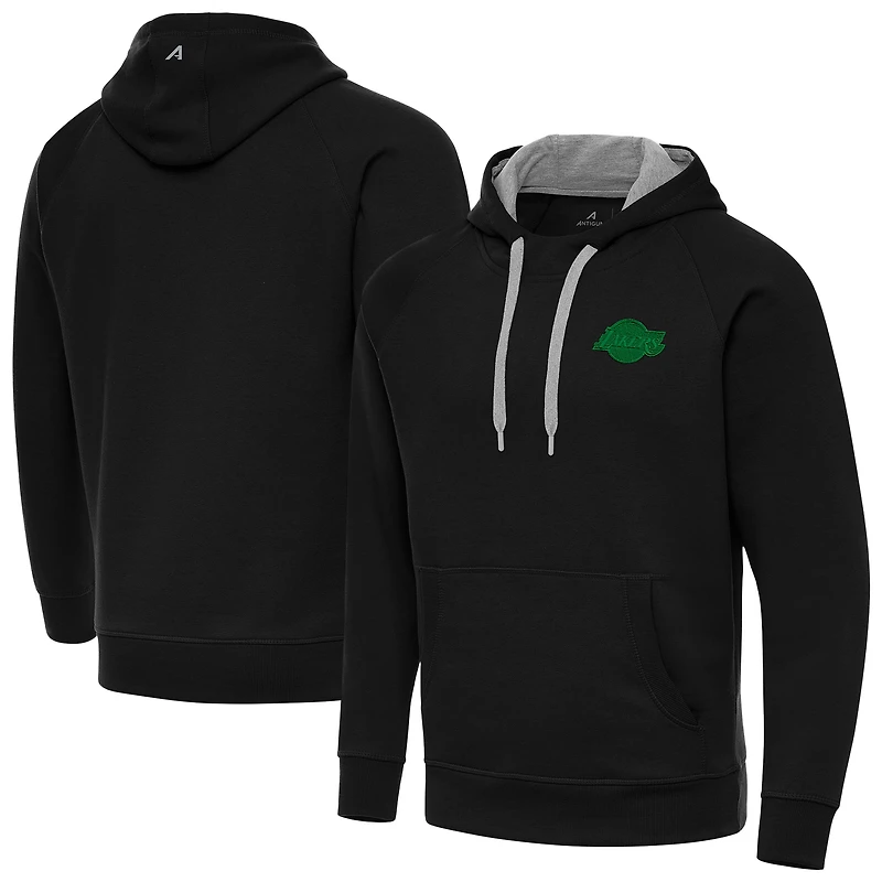 Men's Antigua Black Los Angeles Lakers St. Patrick's Day Victory Raglan Pullover Hoodie