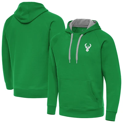 Men's Antigua Kelly Green Milwaukee Bucks St. Patrick's Day Victory Raglan Pullover Hoodie