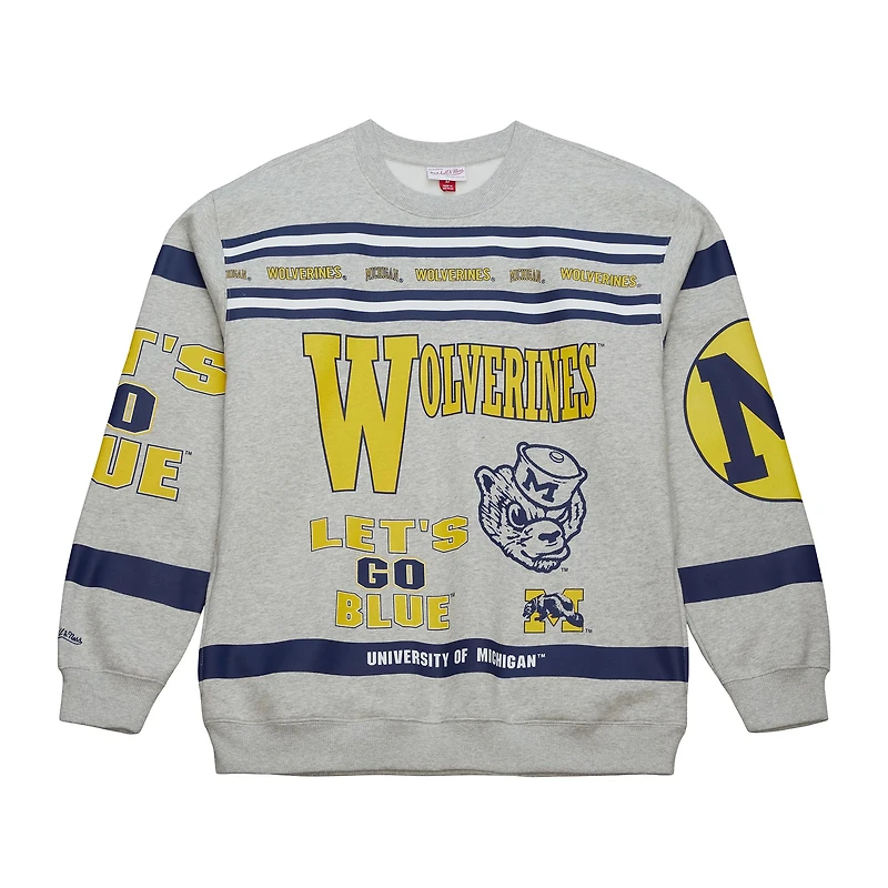 Men's Mitchell & Ness Gray Michigan Wolverines All Over Print Sweatshirt