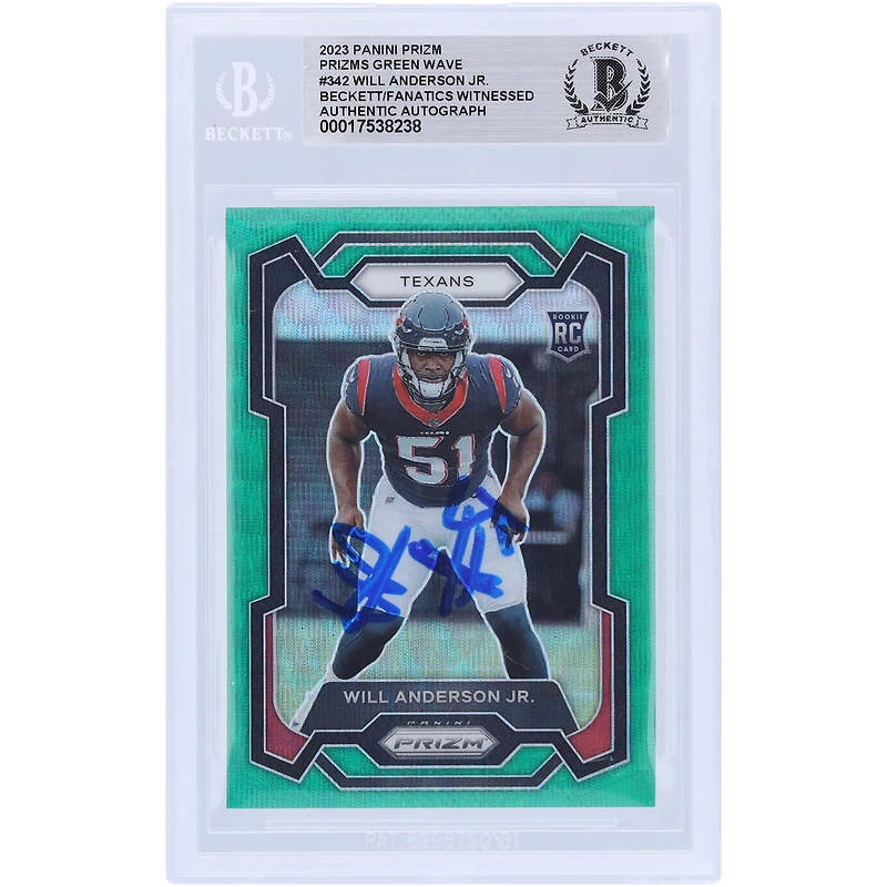 Will Anderson Jr. Houston Texans Autographed 2023 Panini Prizm Green Wave #342 Beckett Fanatics Witnessed Authenticated Rookie Card