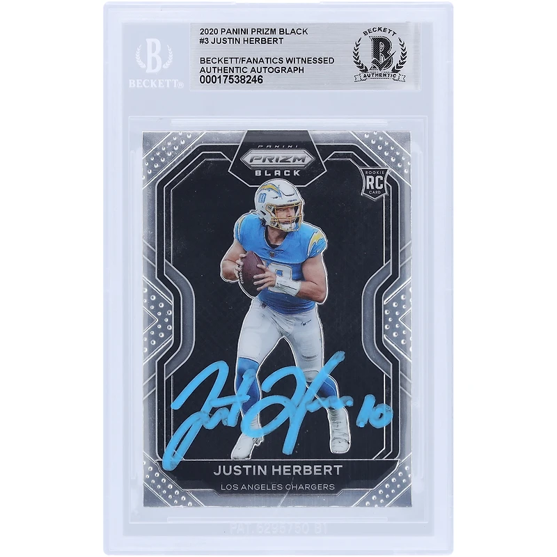 Justin Herbert Los Angeles Chargers Autographed 2020 Panini Chronicles Prizm Black Light Blue Ink #PB-3 Beckett Fanatics Witnessed Authenticated Rookie Card