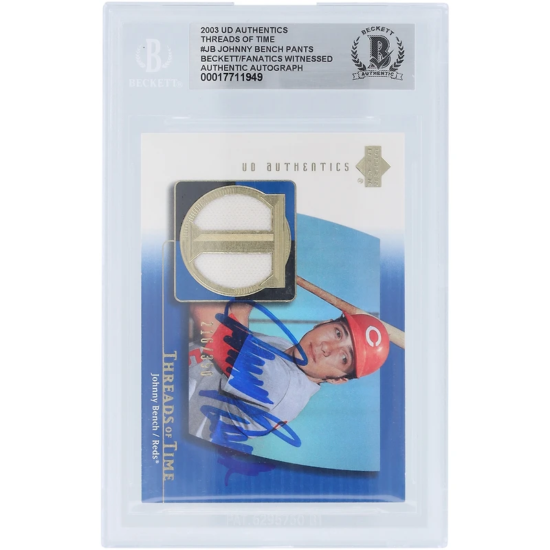 Johnny Bench Cincinnati Reds Autographed 2003 Upper Deck Authentics Threads of Time Jersey Relic #TT-JB Beckett Fanatics Witnessed Authenticated Card