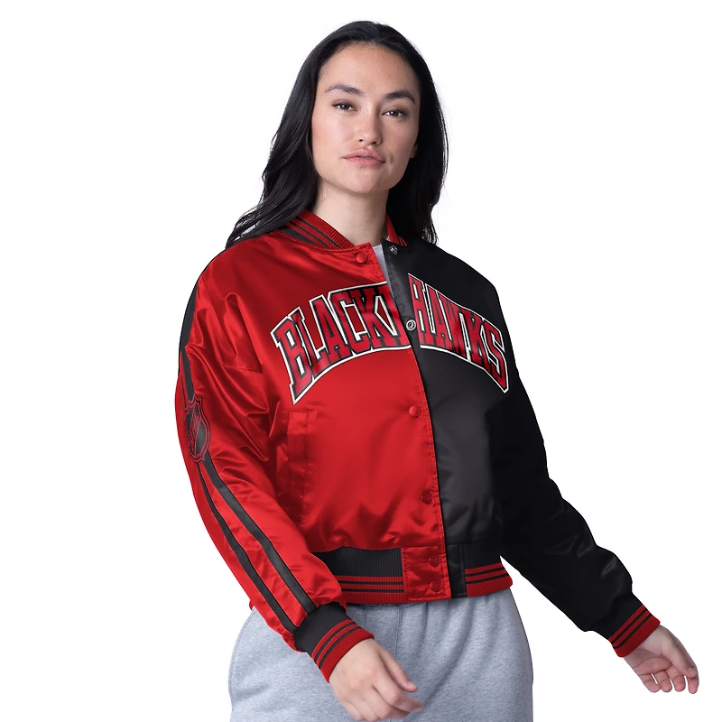 Women's Starter Black Chicago Blackhawks Zone Blitz Cropped Full-Snap Varsity Jacket