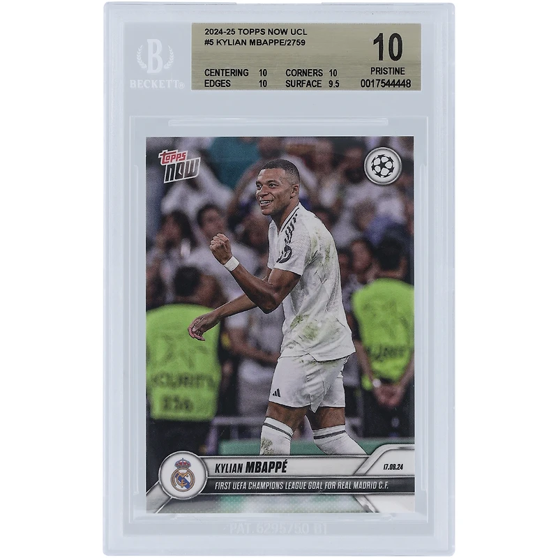 Kylian Mbappé Real Madrid 2024-25 Topps Now UCL First UEFA Champions League Goal For Real Madrid CF #5 BGS Authenticated 10 Card - 10,10,10,9.5 Subgrades