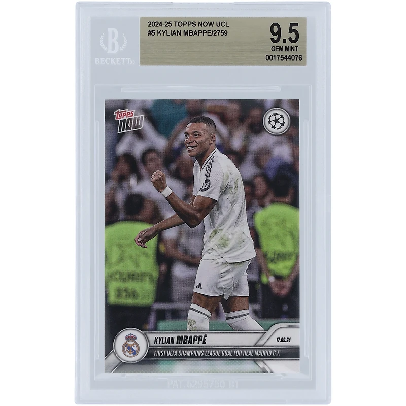 Kylian Mbappé Real Madrid 2024-25 Topps Now UCL First UEFA Champions League Goal For Real Madrid CF #5 BGS Authenticated 9.5 Card