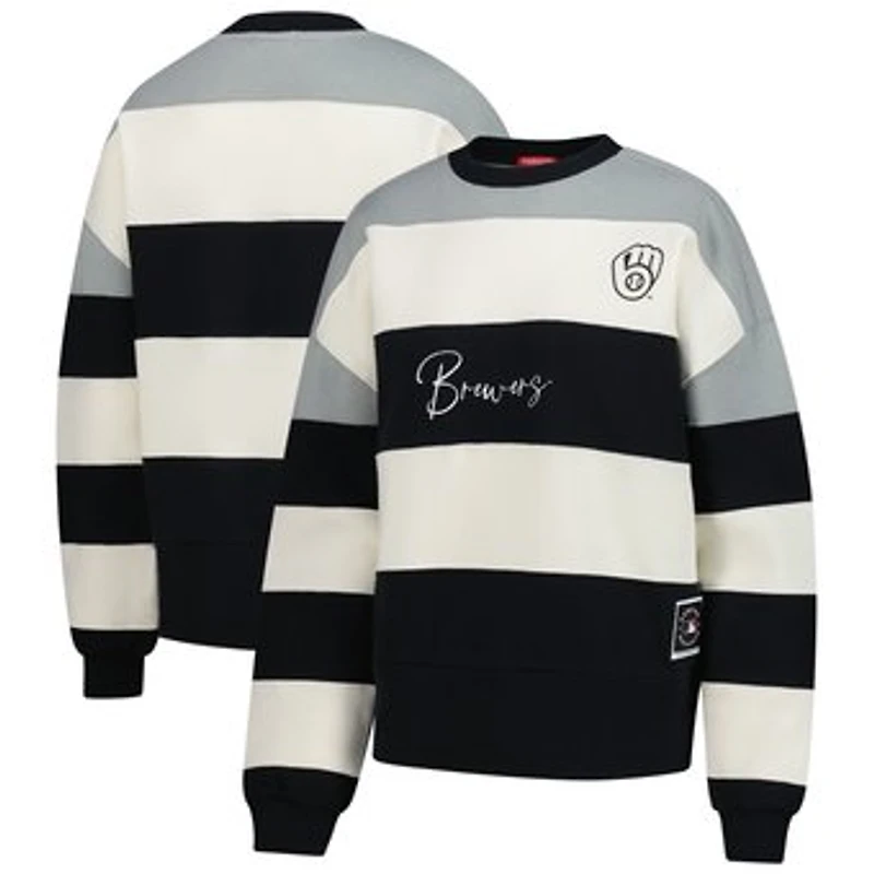Women's Mitchell & Ness Gray/Black Milwaukee Brewers Cooperstown Collection Blocked Fleece Pullover Sweatshirt