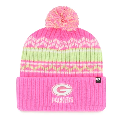 Girls Youth '47 Pink Green Bay Packers Polar Vortex Cuffed Knit Hat with Pom