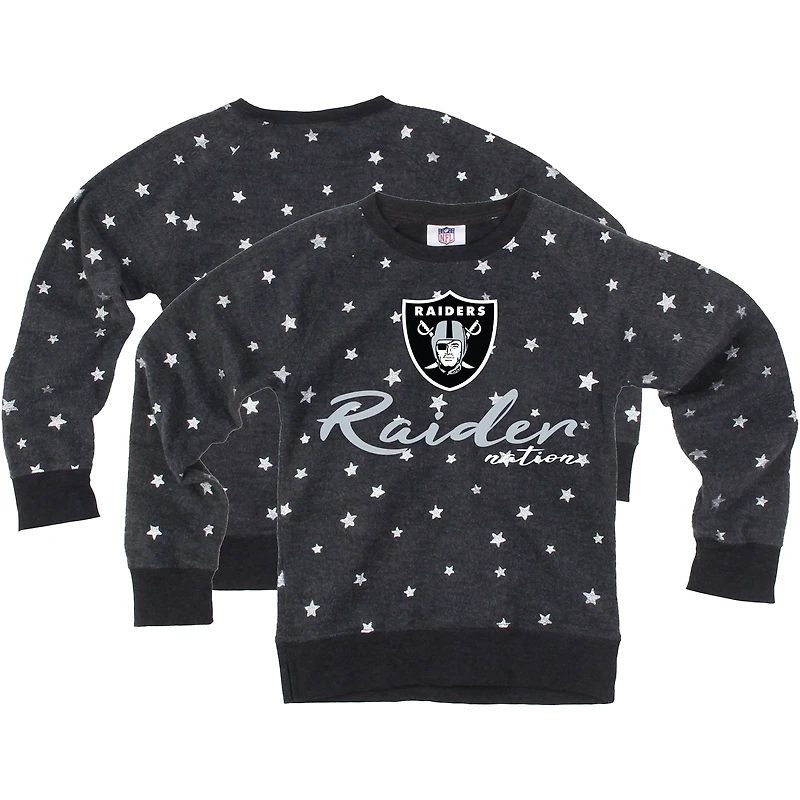 Girls Youth Wes & Willy Charcoal Las Vegas Raiders Shimmer Star Reverse Fleece Pullover Sweatshirt