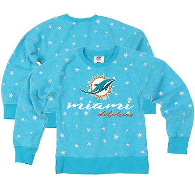 Girls Youth Wes & Willy  Aqua Miami Dolphins Shimmer Star Reverse Fleece Pullover Sweatshirt
