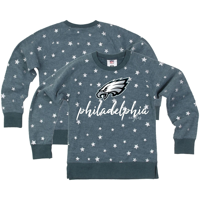 Girls Youth Wes & Willy Midnight Green Philadelphia Eagles Shimmer Star Reverse Fleece Pullover Sweatshirt