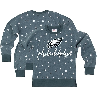 Girls Youth Wes & Willy  Midnight Green Philadelphia Eagles Shimmer Star Reverse Fleece Pullover Sweatshirt
