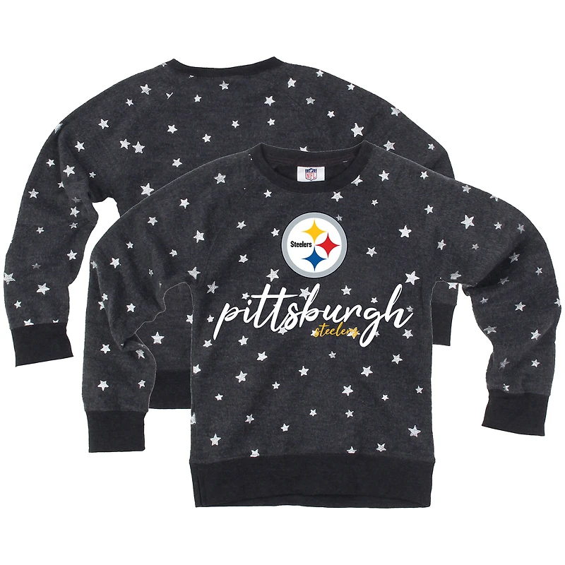 Girls Youth Wes & Willy Charcoal Pittsburgh Steelers Shimmer Star Reverse Fleece Pullover Sweatshirt