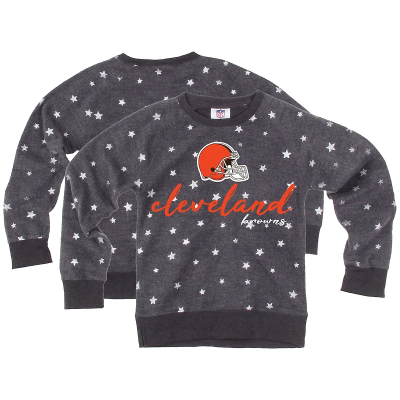 Girls Youth Wes & Willy Gray Cleveland Browns Shimmer Star Reverse Fleece Pullover Sweatshirt