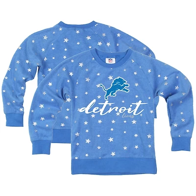 Girls Youth Wes & Willy  Blue Detroit Lions Shimmer Star Reverse Fleece Pullover Sweatshirt