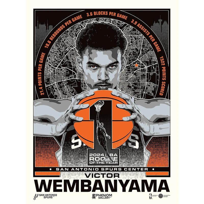 Phenom Gallery Victor Wembanyama San Antonio Spurs 2024 NBA Rookie Of The Year 18" x 24" Serigraph