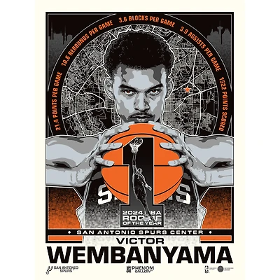 Phenom Gallery Victor Wembanyama San Antonio Spurs 2024 NBA Rookie Of The Year 18" x 24" Serigraph