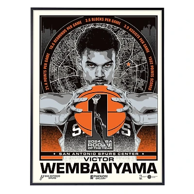 Phenom Gallery Victor Wembanyama San Antonio Spurs 2024 NBA Rookie Of The Year 18" x 24" Deluxe Framed Serigraph