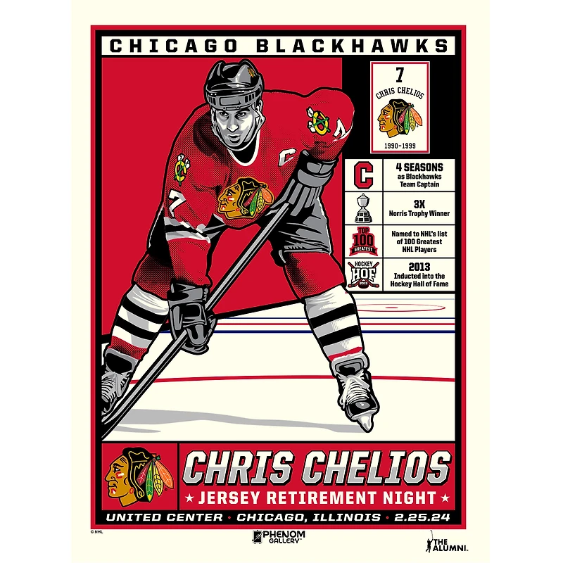 Phenom Gallery Chris Chelios Chicago Blackhawks Jersey Retirement Night 18" x 24" Serigraph