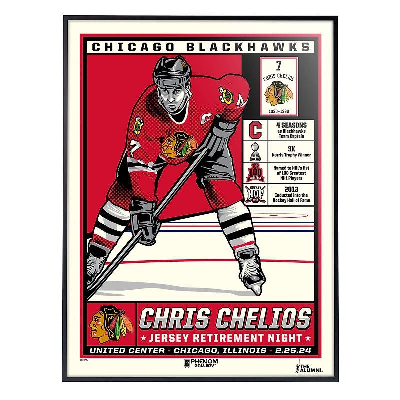 Phenom Gallery Chris Chelios Chicago Blackhawks Jersey Retirement Night 18" x 24" Deluxe Framed Serigraph