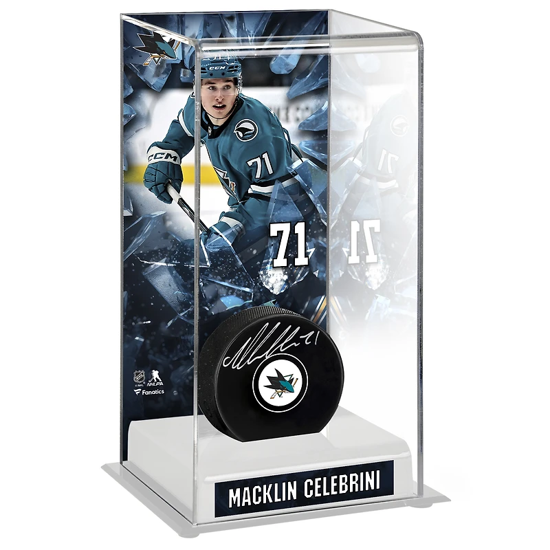 Macklin Celebrini San Jose Sharks Autographed Puck with Deluxe Tall Hockey Puck Case