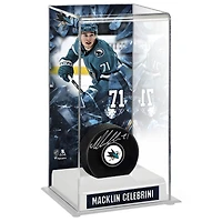 Macklin Celebrini San Jose Sharks Autographed Puck with Deluxe Tall Hockey Puck Case