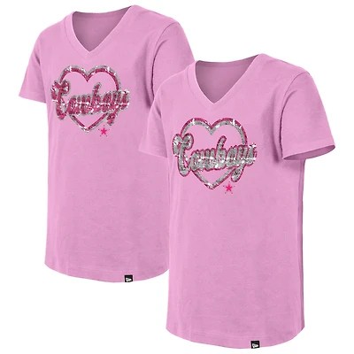 Girls Youth New Era Pink Dallas Cowboys Flip Sequins V-Neck T-Shirt