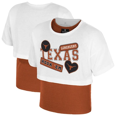 Girl's Youth Colosseum  White Texas Longhorns Gale Cropped 2Fer Top